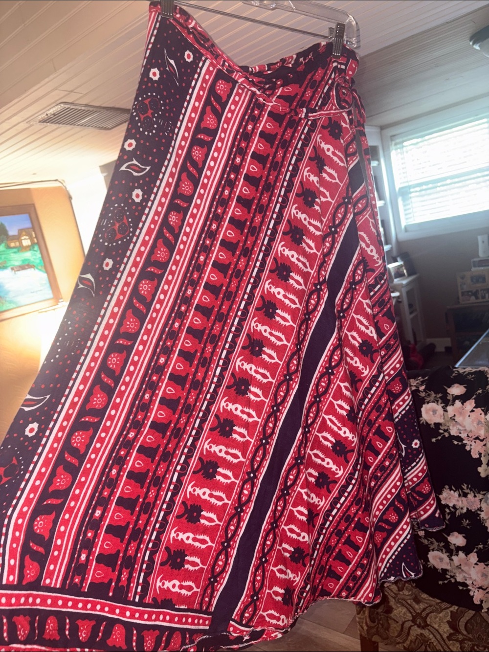 White Fox Boutique Red & Navy Patterned Maxi Wrap Skirt